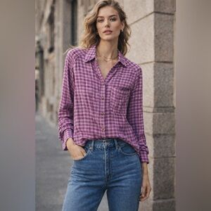 Anthropologie Pilcro Long Buttondown Plaid Button-Up Shirt in Violet Pink XS